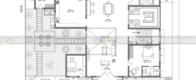 5 BHK ground floor plan for exterior design.